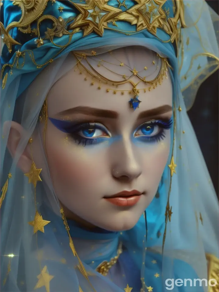 Portrait of the Иисус, , she is wearing a blue veil with gilded stars all over the fabric, she is looking openly straight into the camera sadly and with love.
