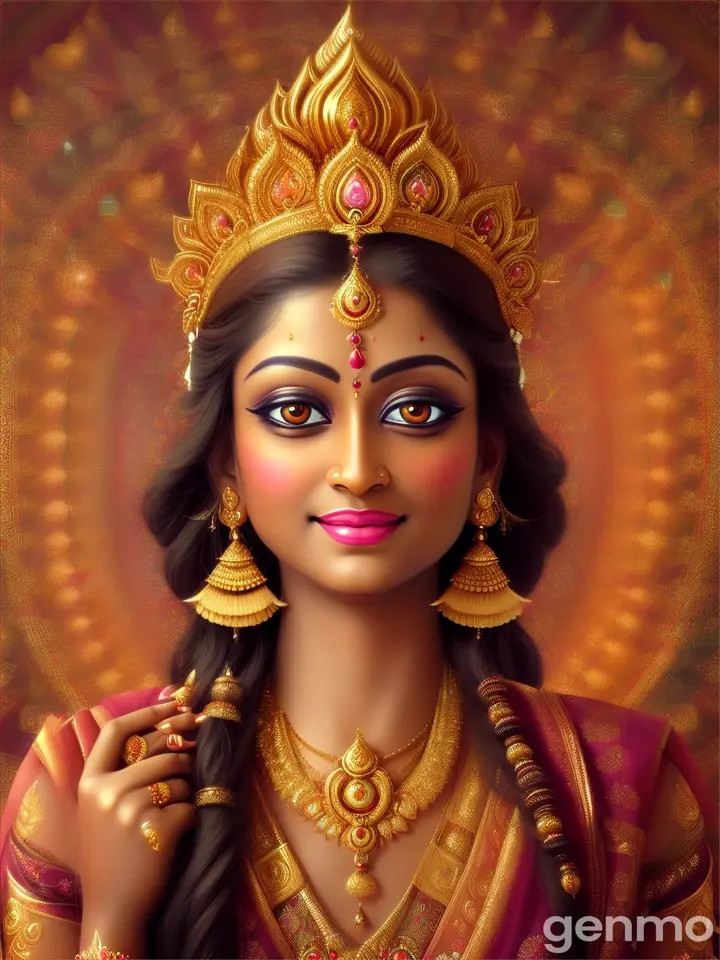 HINDU Goddess WITH THREE EYES SMILING, DIVINE, PHOTOREALISTIC, HIGH SKIN TEXTURE 