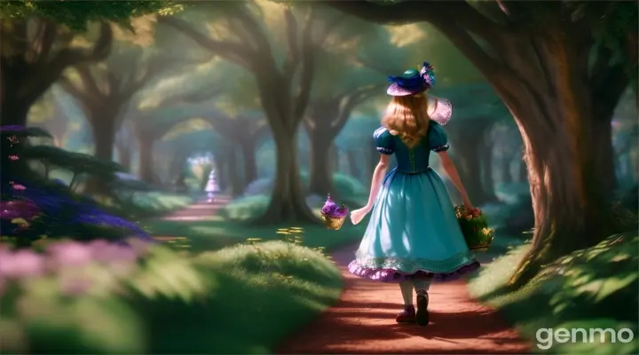 Generate a video of alice in wonderland walking. extremly detailed