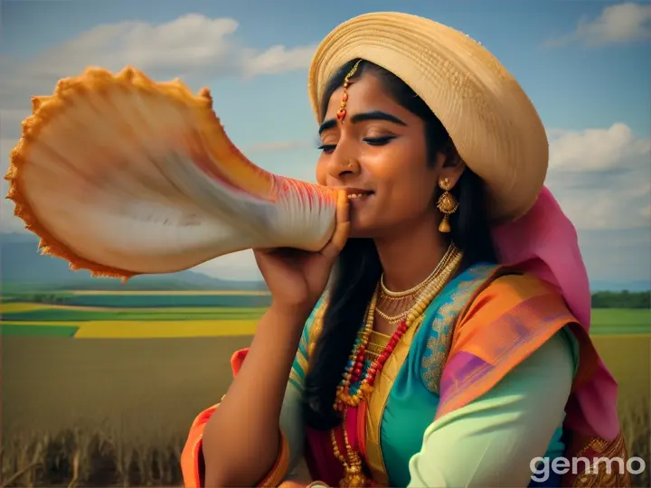 a hindu woman playing conch in a saccharum field under blue sky