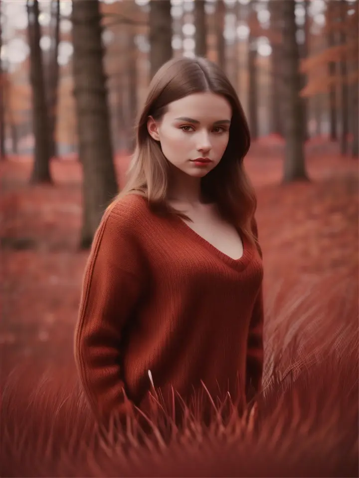 Elegant Minimalistic Photography, 1990s, (perfect) Model wearing a  jumper, Red Autumn Forest Background, Natural Lighting, chaos, minimalist, close-up portrait photo, (shot on Portra 400).