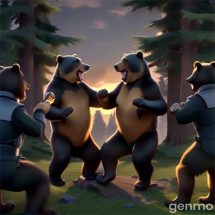 a group of bears standing on their hind legs and fighting 