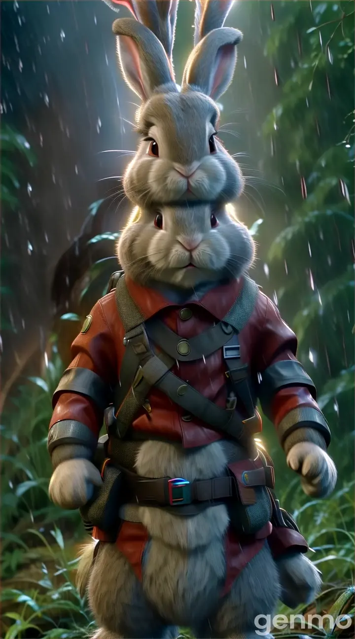 a rabbit in a costume standing in the rain