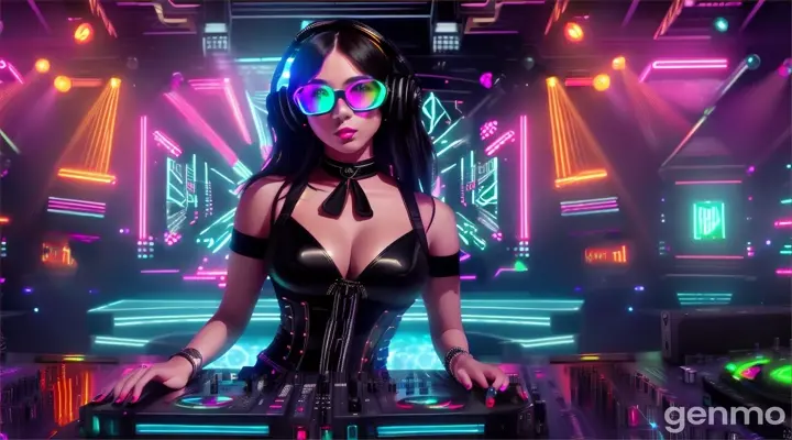 Music concert. Female DJ on stage. Slender woman with large bust, wearing steampunk glasses, standing near DJ mixing console in club. Direct laser beams of bright colors. Large TV screens in the background.