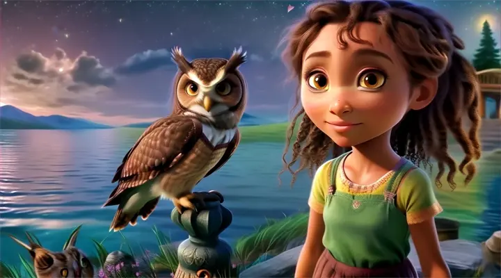 a little girl standing next to an owl