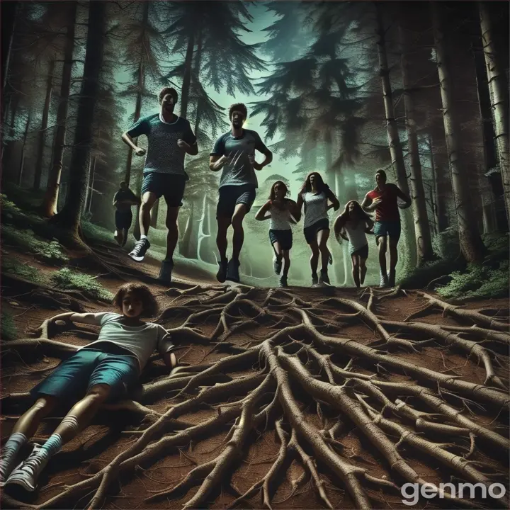 a group of people running through a forest generate video 