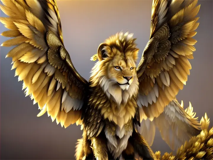 3D drawing of a fairy creature with fur, inspired by a lion and an eagle with large sparkling golden wings.