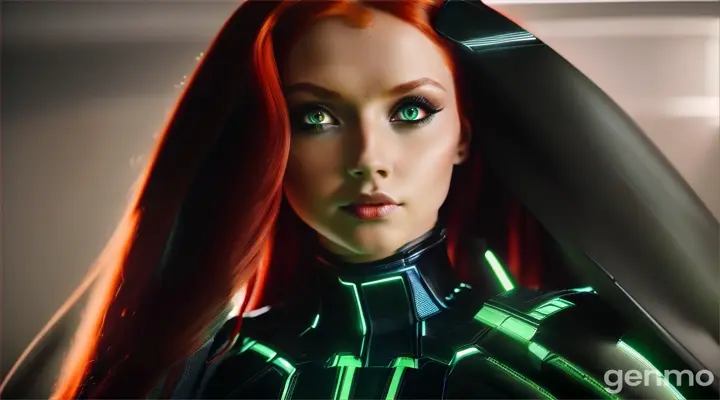 In a semi-dark room stands the figure of a girl with long red hair, she is dressed in a black futuristic suit-dress, Light falls on her from afar, next to her a black panther sits looking with green eyes