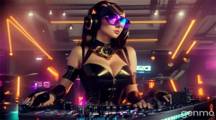 A slender woman with shapely hips and a larger bust than usual, wearing steampunk glasses, shiny headphones and a low-cut latex swimsuit, stands near a DJ mixing console and an electric piano in a steampunk club. Minimal clothing. Laser beams of bright colors against the background of large television screens. "FPV drone shot"