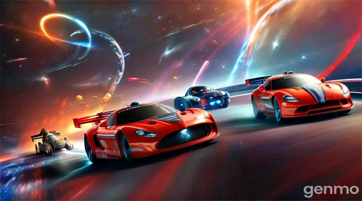 Hot wheels cars in a cosmic space setting, racing through a suspended 360-degree loop with stars and galaxies in the background