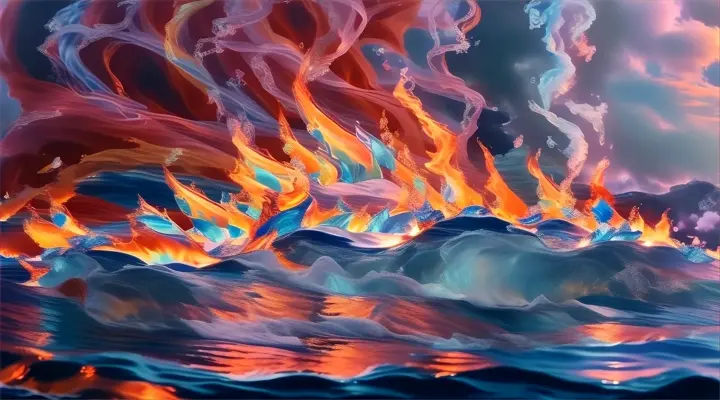 a painting of a fire and water scene