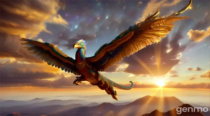 a powerful and dazzling creature, quetzalcoatl, the feathered serpent, flying from earth to sky, golden hour lighting, degrees of freedom, high definition and detail.
