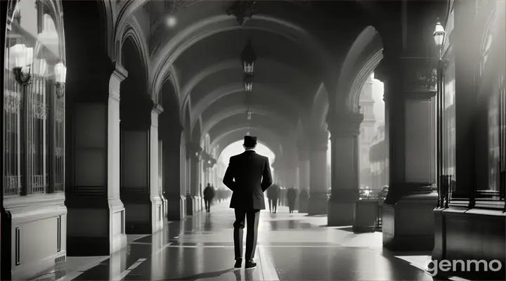 Black and white film of a man walking on a street in Paris, cinematic, symmetric composition