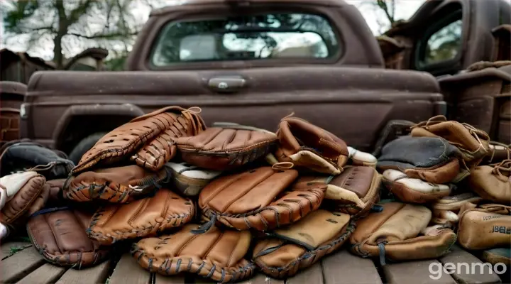 each of a pile of baseball mitts sitting in the back of a truck morph into golden retriever puppies