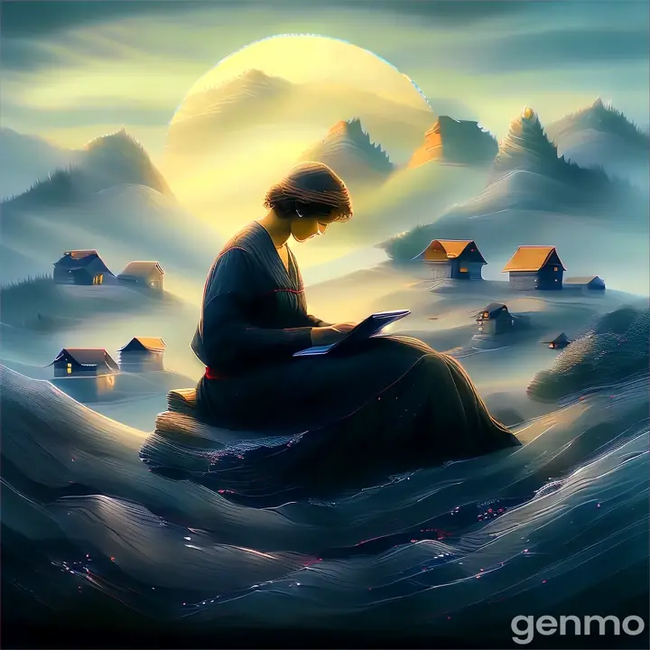 a painting of a woman sitting on a rock looking at a tablet