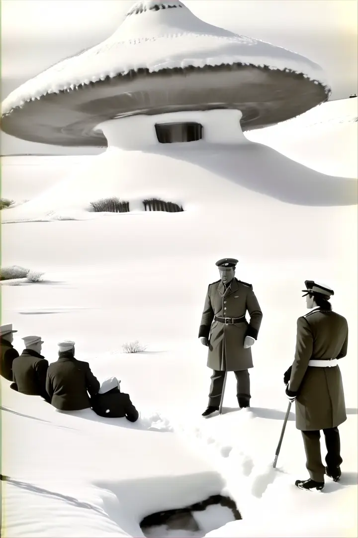 a black and white photo of men standing in the snow