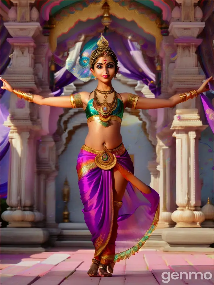 A young Slavic long-haired and thin blond youth with a peacock tail behind his back, in the Bharatanatyam style, multi-colored silk veils with peacock feathers flutter around him, looks openly into the camera, against the background of fluttering multi-colored bright Hindu temples and branches of lilac flowering trees.