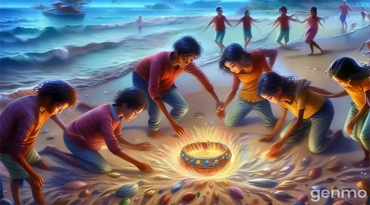 a group of children playing around a fire pit on the beach