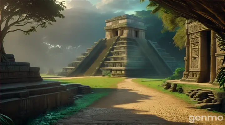 a Mayan temple looming at the end of a jungle pathway