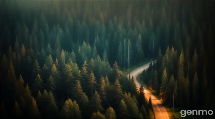 dark night spooky a road surrounded by big trees aerial view