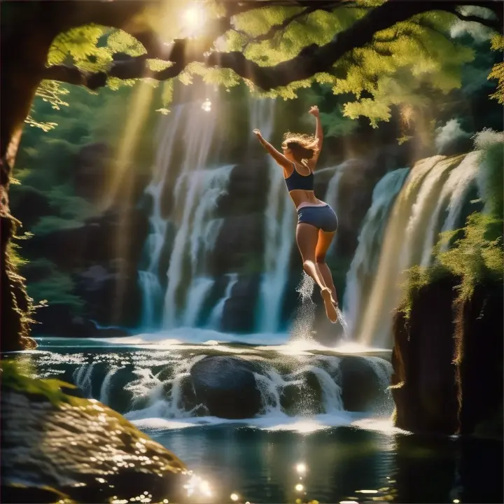 focus on the girl full body shoot, camera starts from behind her as her body touches the water camera pans around infront of her as she enters the water., advertising style