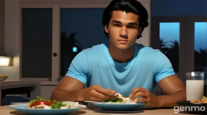 at night, inside the house, a young man with Slicked back surfer black hair in sky blue round neck t-shirt sitting at a dining table with a plate of food talking to someone 