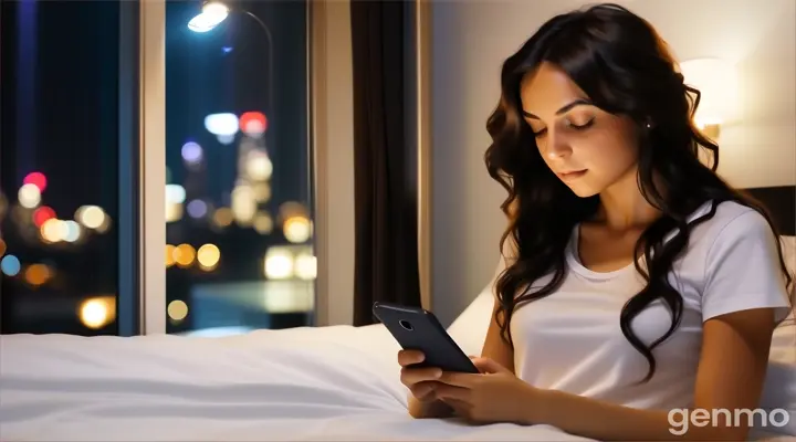 at night, inside the bedroom, a woman with Long wavy Black Hair in white round neck t-shirt sitting on bed looking at a cell phone