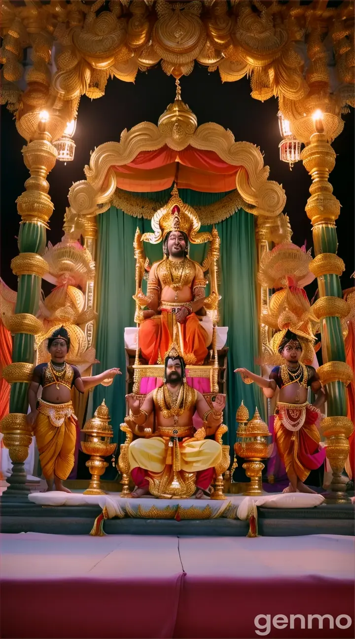 : "A majestic scene of King Mahabali sitting on an ornate golden throne, surrounded by onlookers, as he watches a vibrant Kerala Kathakali dance performance. The dancers, adorned with elaborate costumes and makeup, twirl gracefully under the soft glow of oil lamps. The backdrop features a traditional Kerala temple with palm trees swaying gently in the wind. The King’s expression is one of joy and appreciation, his attire reflecting the richness of Kerala's cultural heritage."

Hyperreal, Photorealistic, Hyper-detailed, Cinematic, Ultra 8K, 9:16