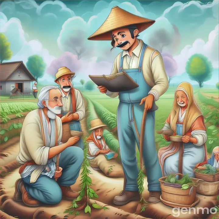 a painting of a farmer with two women and a man