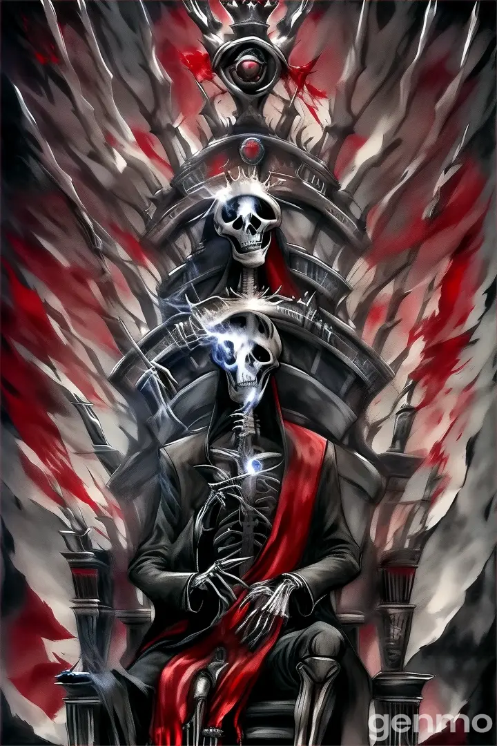 a drawing of a skeleton sitting on a throne, king