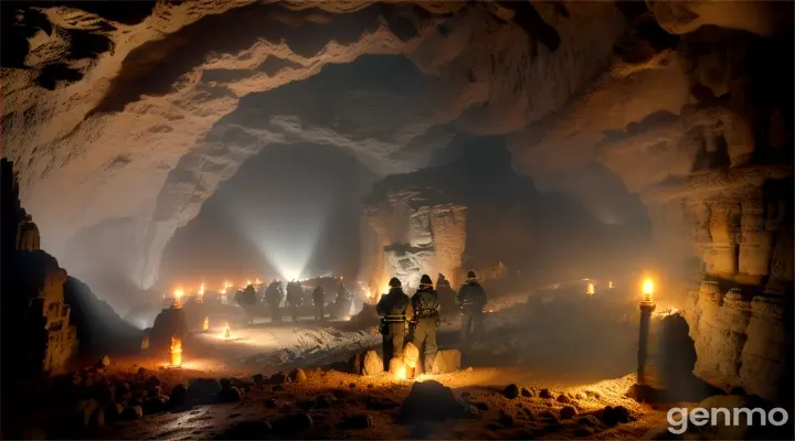 Diggers in the depths of a cave find a very large and very dark room, there is no light