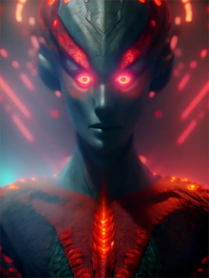 A realistic portrait of an alien plant-human hybrid exploring a cosmic landscape with glowing red reptilian eyes