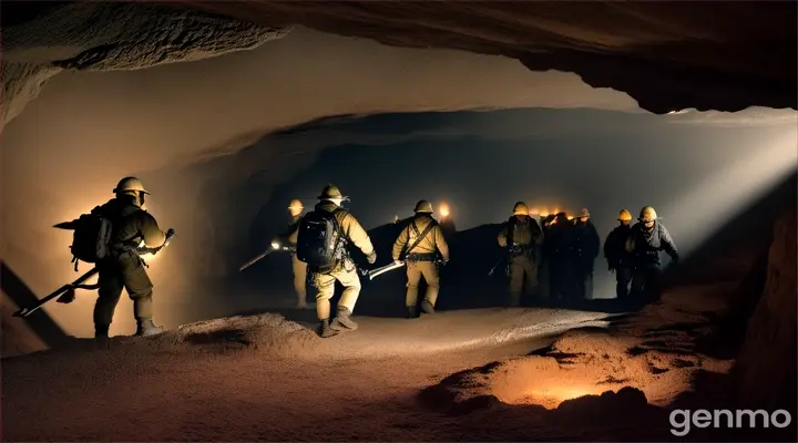 Diggers in the depths of a cave find a very large and very dark room, there is no light