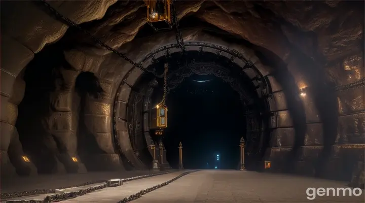 Inside a large, dark cavern, there is a giant metal door, approximately 20 meters high. In addition, the door is secured with an impressively wide chain and this chain is secured with a padlock the size of a tractor, it is a gigantic padlock.