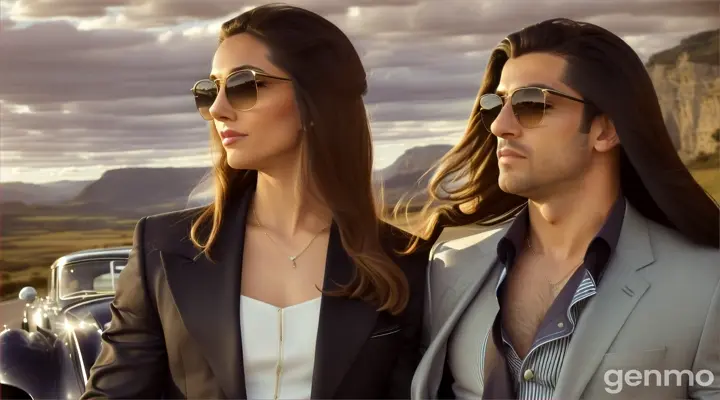 
From the driver’s side, THE STYLISH MAN steps out. He’s dressed in a fitted jacket, jeans, and sunglasses, exuding confidence and charisma.
From the passenger side, THE BEAUTIFUL WOMAN steps out. She’s wearing a flowing elegant dress, stylish heels, and a light jacket. Her long hair dances in the wind as she gazes at the stunning landscape.