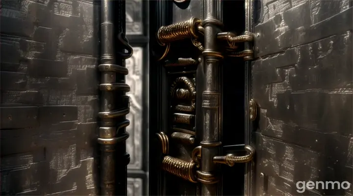 Inside an ancient and dark cave, there is a metal door with two cobras carved on it, the door is huge and metallic, it is 20 meters high and is secured with chains and a padlock that are truly gigantic, they are much larger than a human, in front of this door, a group of diggers look impressed at the door