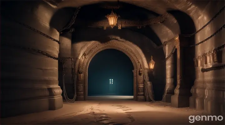 Inside an ancient and dark cave, there is a metal door with two cobras carved on it, the door is huge and metallic, it is 20 meters high and is secured with chains and a padlock that are truly gigantic, they are much larger than a human, in front of this door, a group of diggers look impressed at the door