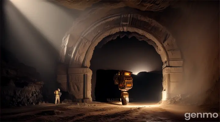 A group of excavators examine an ancient giant metal door found deep in a dark cave