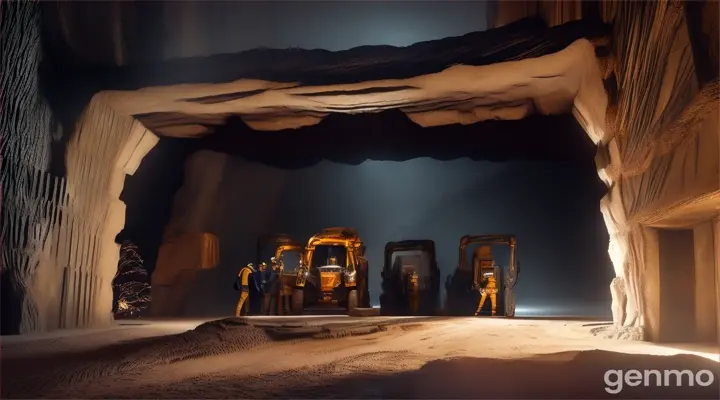 A group of excavators examine an ancient giant metal door found deep in a dark cave