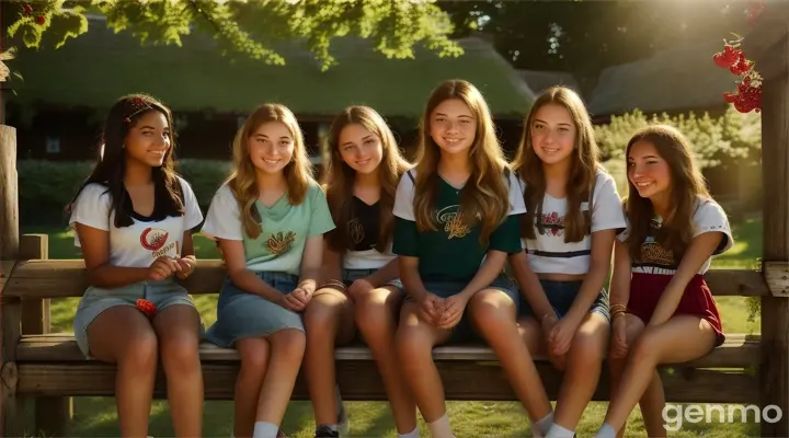 Two happy young women and teenagers are sitting on a bench near a wooden fence in the village against the background of green dark green viburnum with red berries. Teenagers boys and girls surrounded two young women and smile. Girls are smiling barefoot on the grass, slippers are lying nearby, boys are behind the bench and on the tree above. Sunny day and the shadow of the viburnum falls on two girls.. 16:9