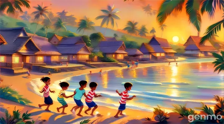 a painting of children playing on the beach