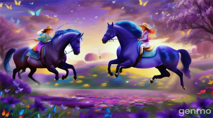 Flying horses frolicking over a garden of blue and purple blossoms, surrounded by butterflies and glowing fairies