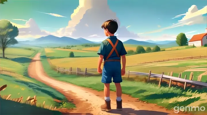 a boy standing on a dirt road looking at a farm