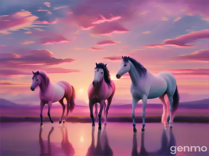 Soft pastel horses float through a dreamy, 