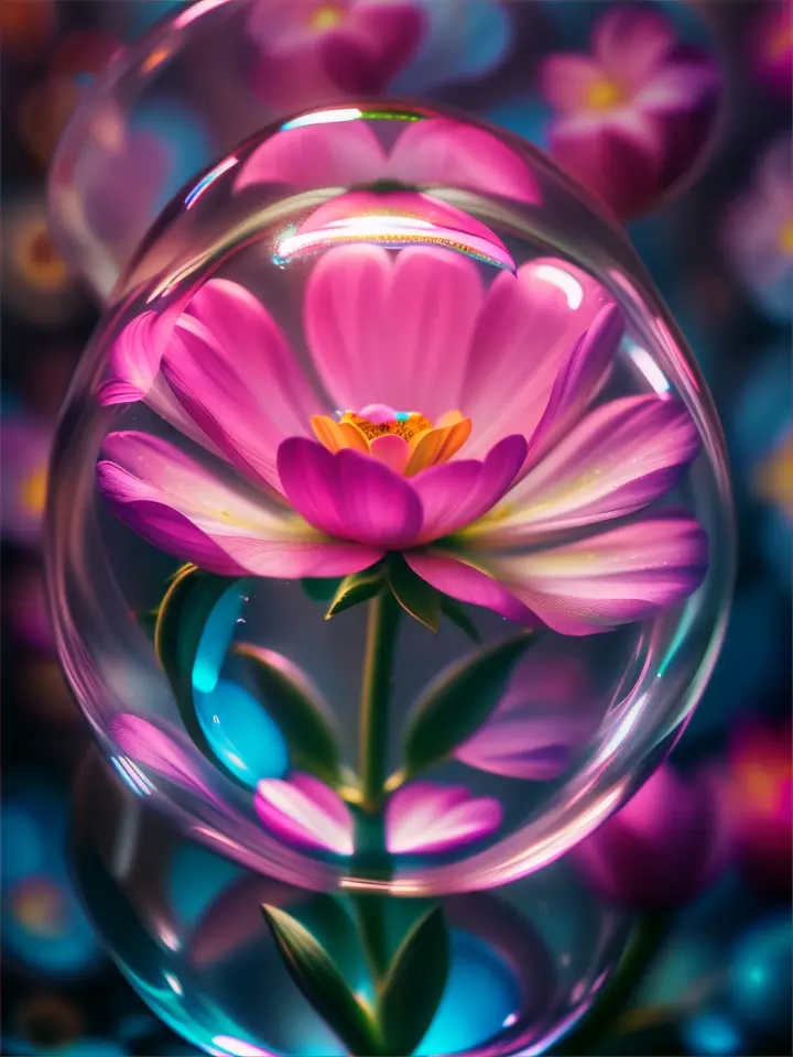 a pink flower inside of a bubble filled with water