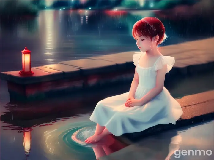 A beautiful boy in a white dress with a red heart seat by the river sitting in the rainy weather