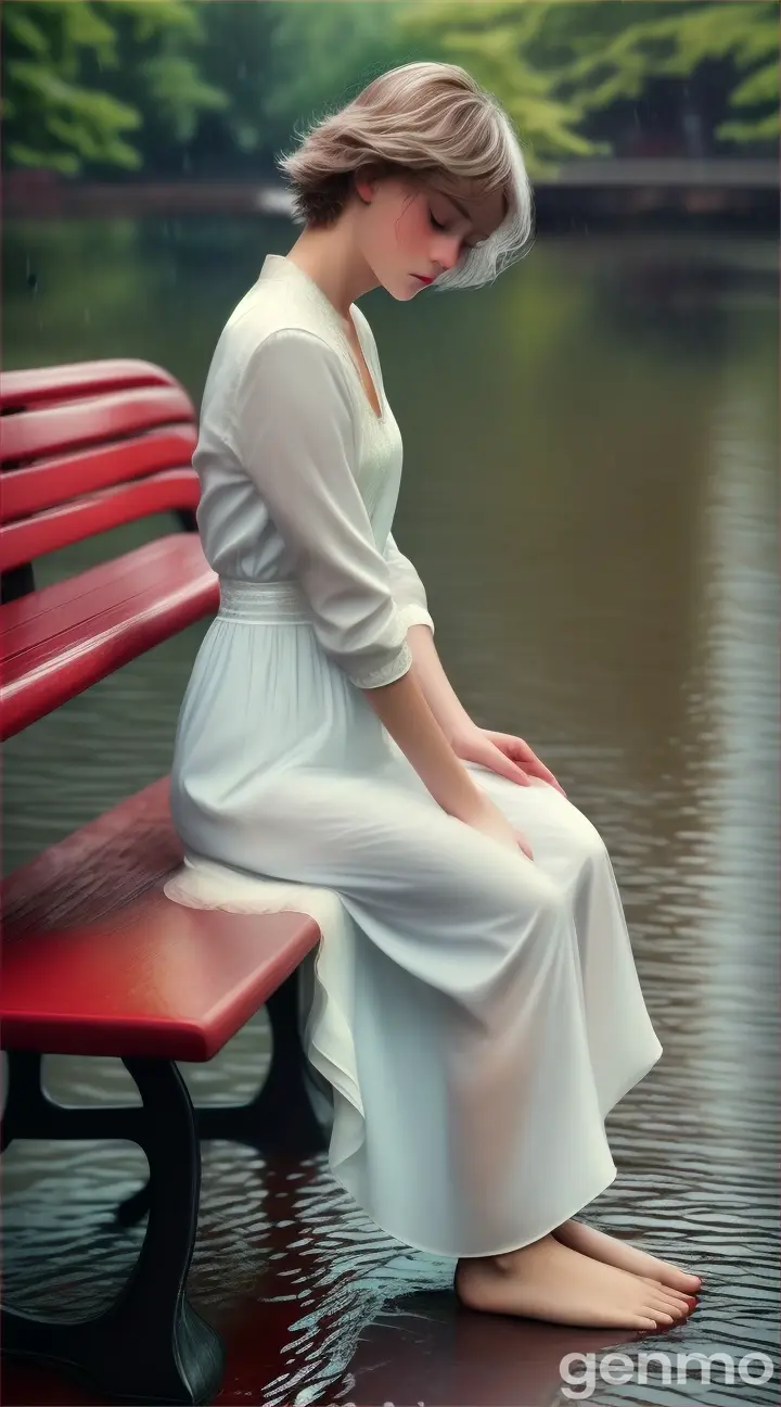 A beautiful boy in a white dress with a red heart seat by the river sitting in the rainy weather