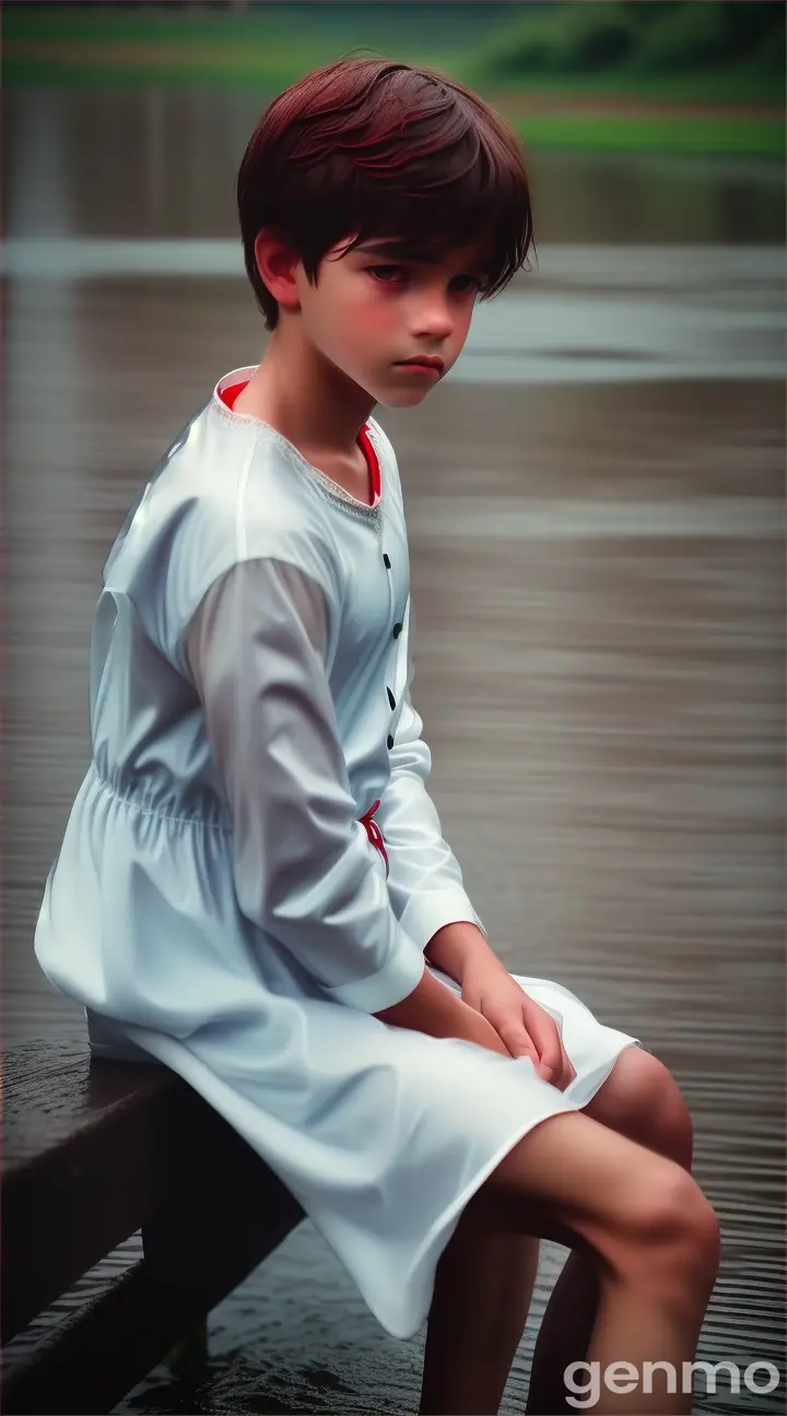 A beautiful boy in a white dress with a red heart seat by the river sitting in the rainy weather