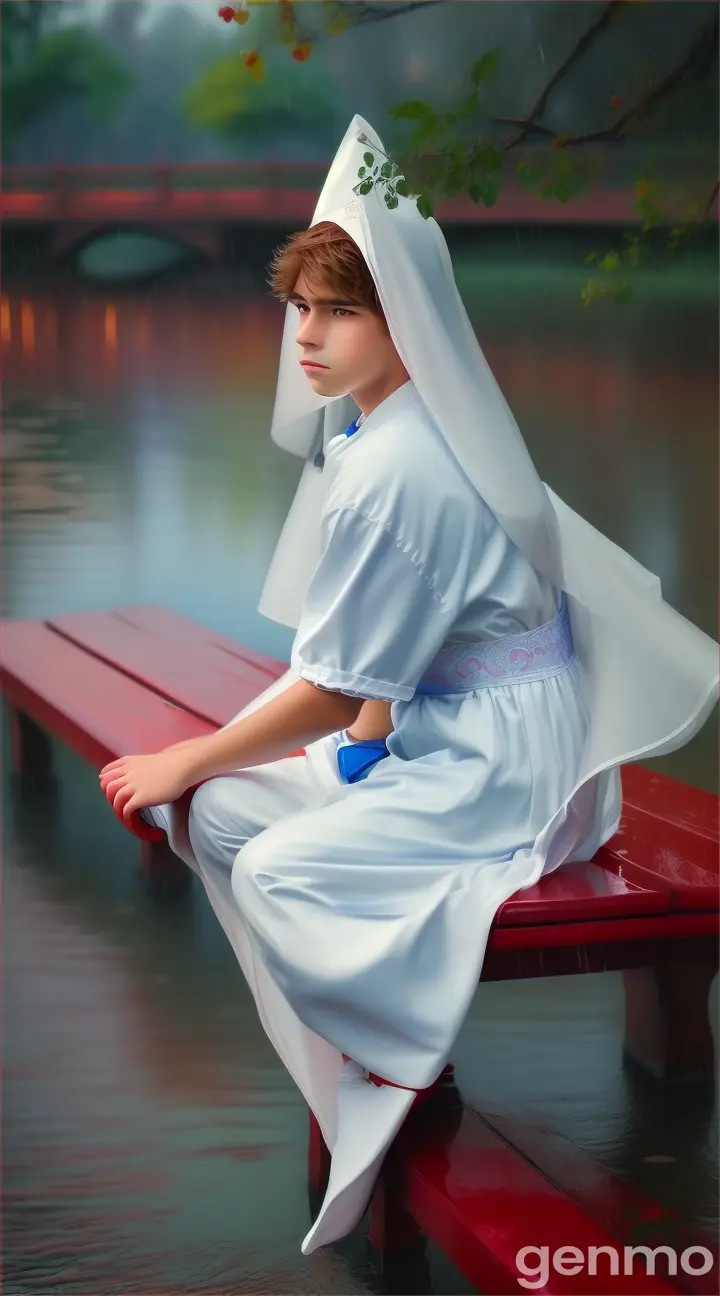 A beautiful boy in a white dress with a red heart seat by the river sitting in the rainy weather