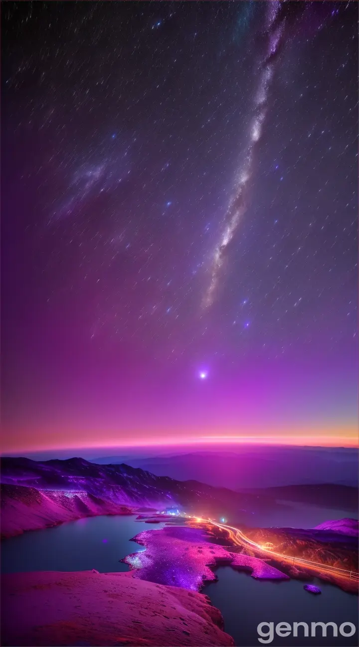 The starry sky and bright purple lights with a beautiful moon The image is motionless